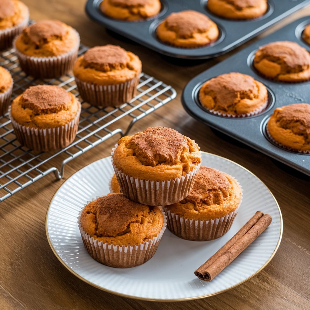 Stacked Cottage Cheese Sweet Potato Muffins on a white plate with cinnamon sticks, cooling racks, and muffin tins in the background on a wooden surface.