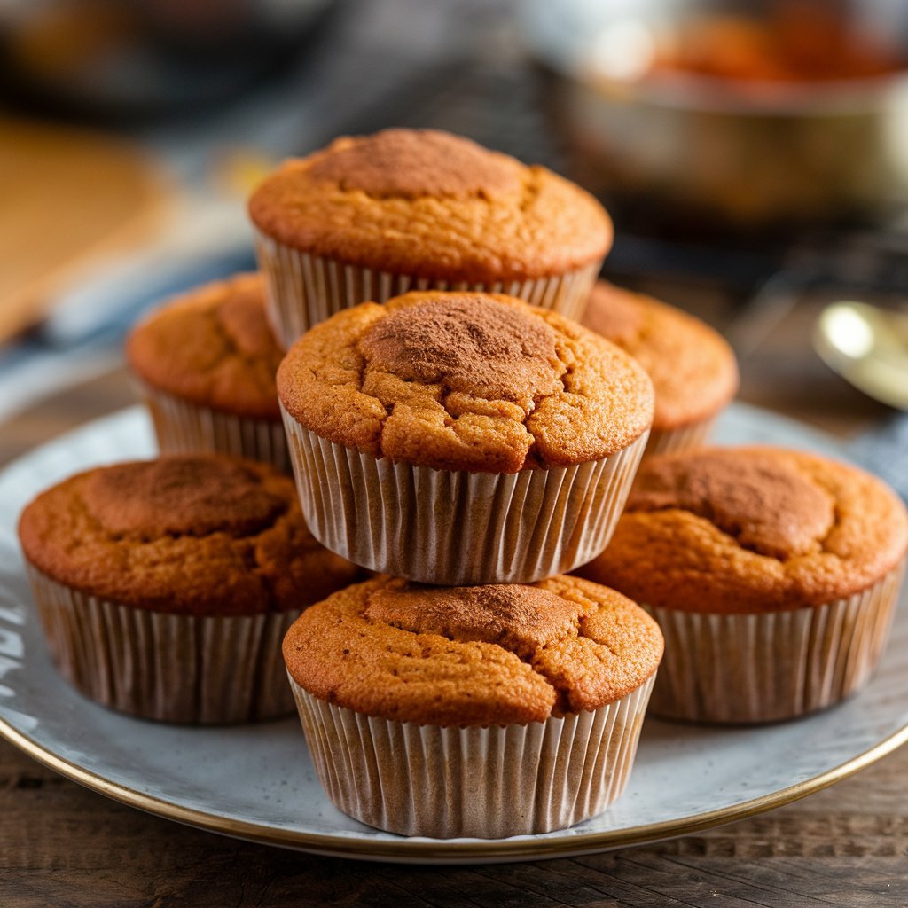 A stack of golden Savory Cottage Cheese Sweet Potato Muffins on a white plate with a gold rim, set on a wooden surface with a rustic kitchen background.