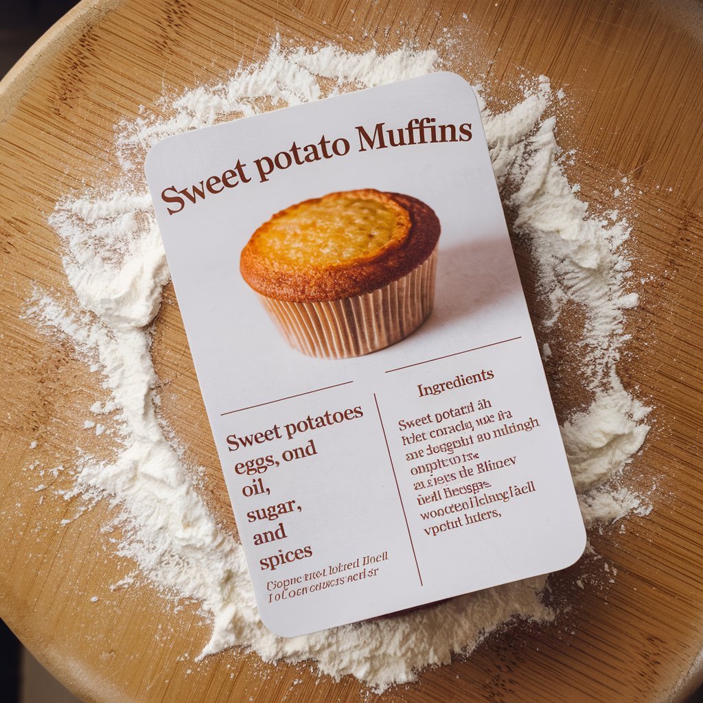 A recipe card for Savory Cottage Cheese Sweet Potato Muffins on a flour-dusted wooden surface, featuring a golden muffin and ingredients like sweet potatoes, eggs, and spices.