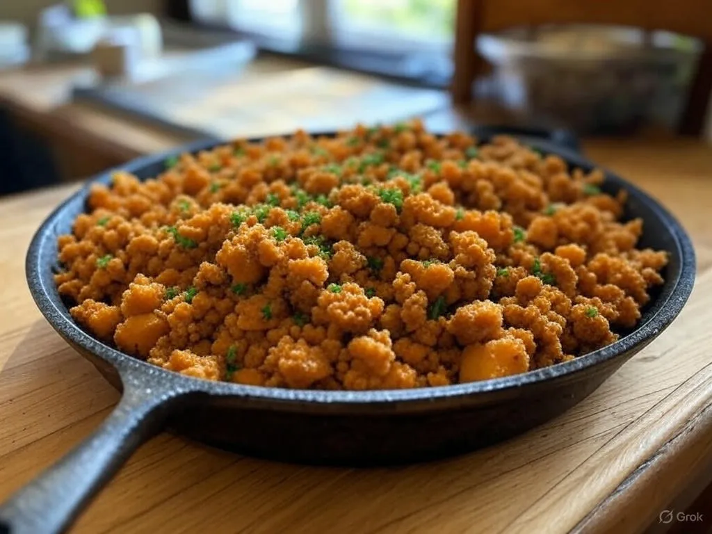 A delicious Ground Turkey Sweet Potato Skillet dish served in a cast-iron skillet, garnished with fresh herbs, ready to enjoy as a wholesome and flavorful meal.