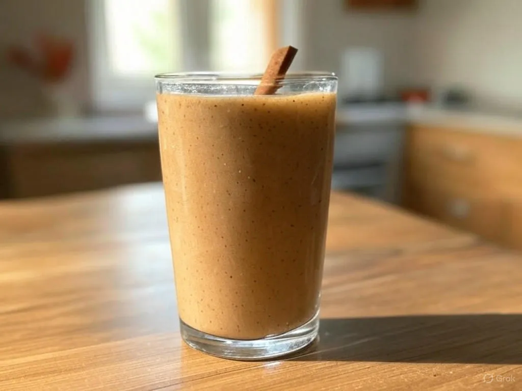 A glass of Cinnamon Apple Smoothie with a cinnamon stick, on a wooden table in a cozy kitchen with soft natural light.