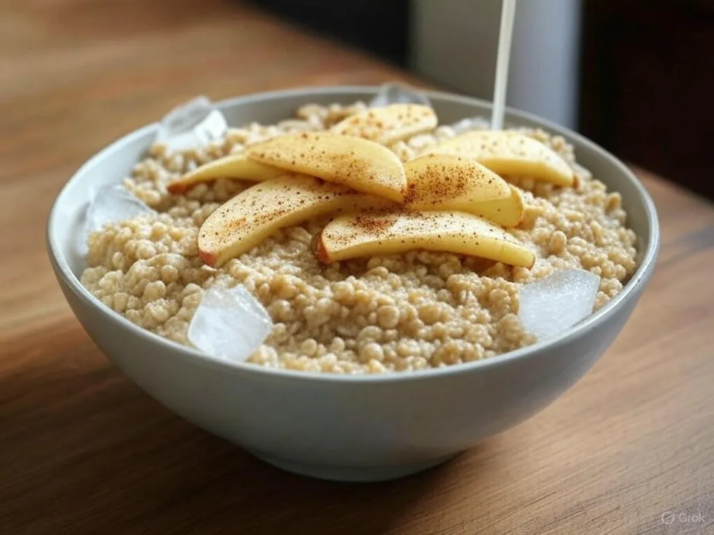 A bowl of oatmeal topped with apple slices dusted with cinnamon, resembling a Cinnamon Apple Smoothie vibe, on a wooden table with ice cubes.