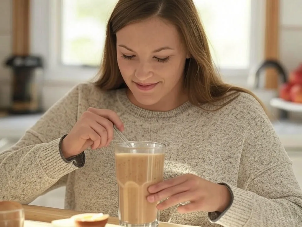 A person in a beige sweater holds a glass of Cinnamon Apple Smoothie with a spoon, in a cozy kitchen with apples in the background.