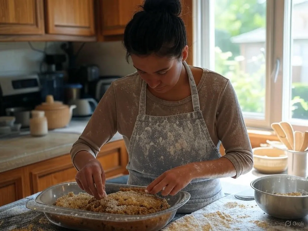 A person in an apron prepares Cinnamon Crunch Banana Bread in a kitchen, spreading a crumbly topping over the batter in a baking dish, with flour scattered on the counter.