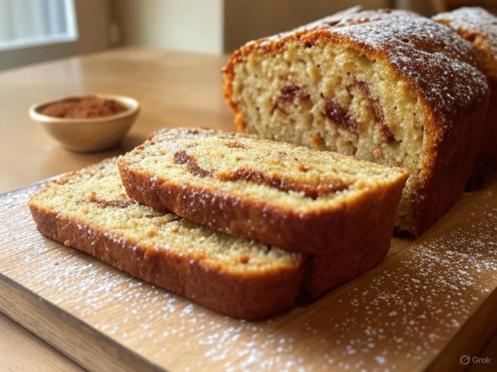 Slices of Cinnamon Crunch Banana Bread on a wooden board, dusted with powdered sugar, showing a cinnamon swirl inside. A bowl of cinnamon is in the background.