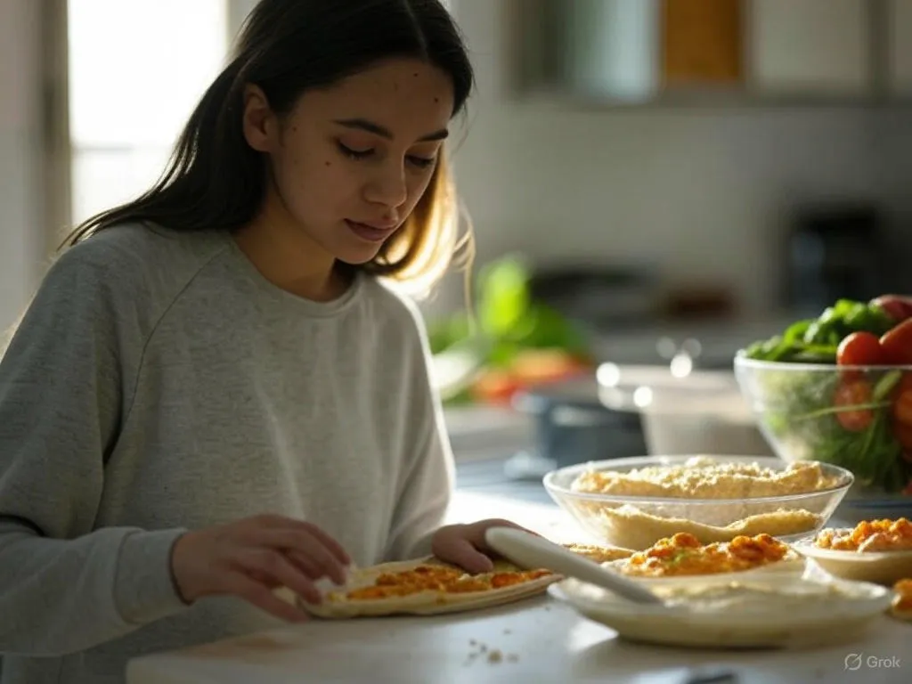 A girl in a grey sweater prepares Grilled Vegetable Hummus Wraps in a bright kitchen, spreading hummus on a wrap with fresh veggies and salad in the background.