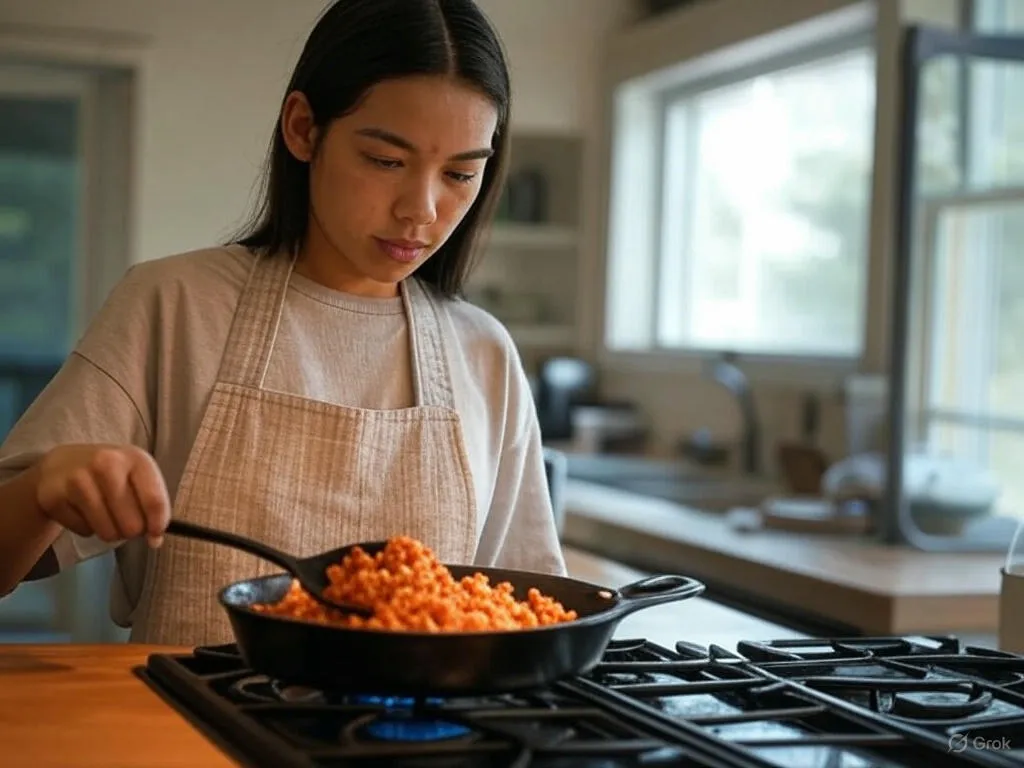 A woman in an apron stirs a vibrant Ground Turkey Sweet Potato Skillet dish in a cast-iron skillet on a stove, showcasing a healthy and hearty meal preparation.
