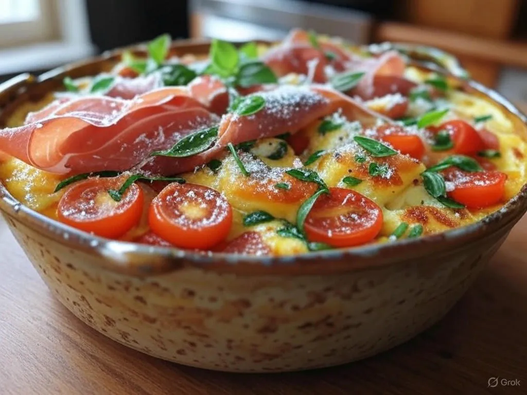 A rustic Italian Egg Bake with Prosciutto and Vegetables in a ceramic dish, topped with cherry tomatoes, prosciutto, basil, and cheese, fresh from the oven.
