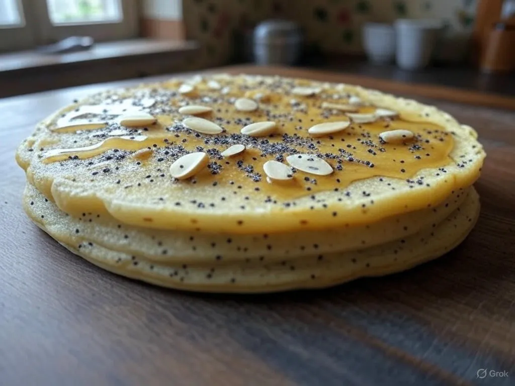 A stack of Lemon Almond Poppyseed Pancake Bake topped with sliced almonds and a honey drizzle on a wooden table in a cozy kitchen with natural light.