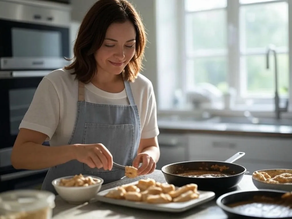 A person in an apron prepares Lightened-Up Chicken Marsala in a bright kitchen, with chicken pieces, a skillet of sauce, and ingredients on the counter.