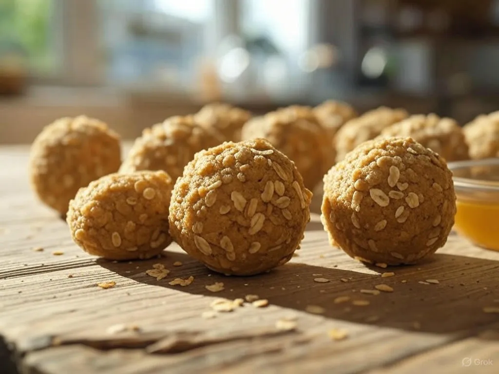 A close-up of Peanut Butter Oatmeal Balls on a wooden surface, with scattered oats and a jar of peanut butter in a cozy kitchen setting.