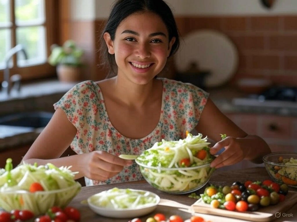 A young woman in a floral dress prepares a Sicilian Style Fennel Salad with sliced fennel, cherry tomatoes, and olives in a rustic kitchen.