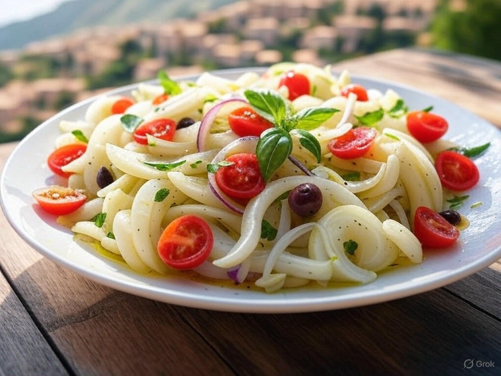A plate of Sicilian Style Fennel Salad with sliced fennel, cherry tomatoes, black olives, red onions, and basil on a wooden table with a scenic background.