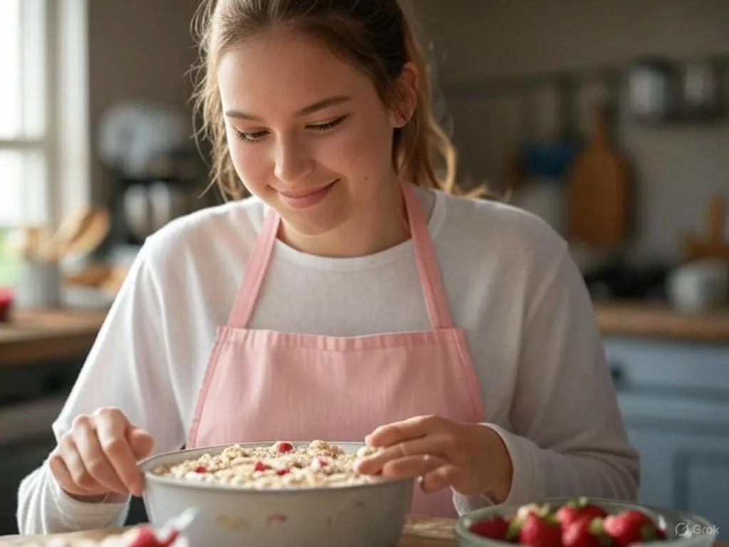 A girl in a pink apron prepares Strawberry Shortcake Baked Oatmeal in a cozy kitchen, mixing oats and strawberries in a bowl on a wooden table.