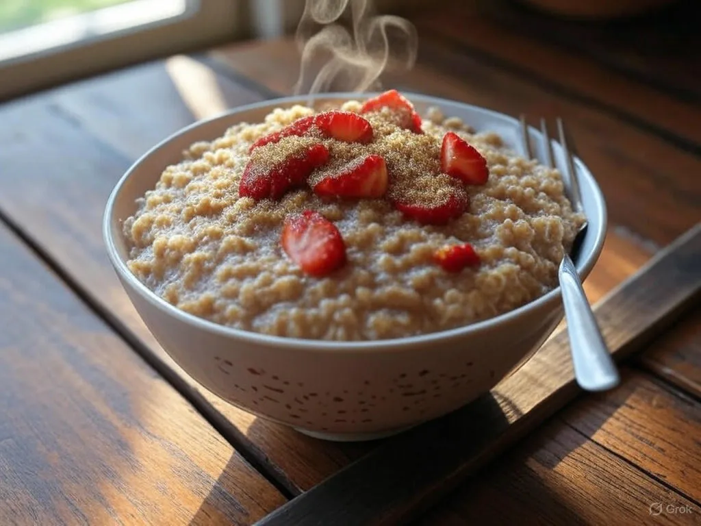 A steaming bowl of Strawberry Shortcake Baked Oatmeal with fresh strawberries on a wooden table, fork beside it, in a cozy setting with natural light.