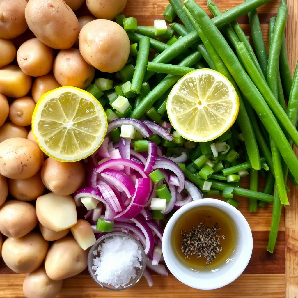 Ingredients for String Bean and Potato Salad on a wooden board: green beans, potatoes, red onions, lemon, salt, pepper, and oil.