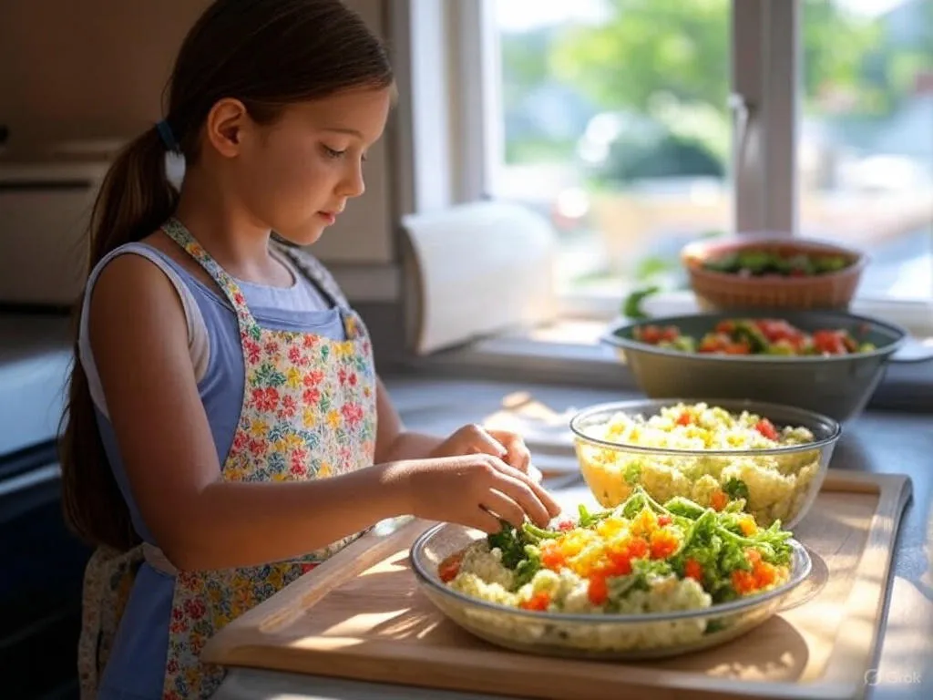 Child in a floral apron prepares String Bean and Potato Salad in a kitchen, mixing green beans, potatoes, and veggies in glass bowls on a wooden board.