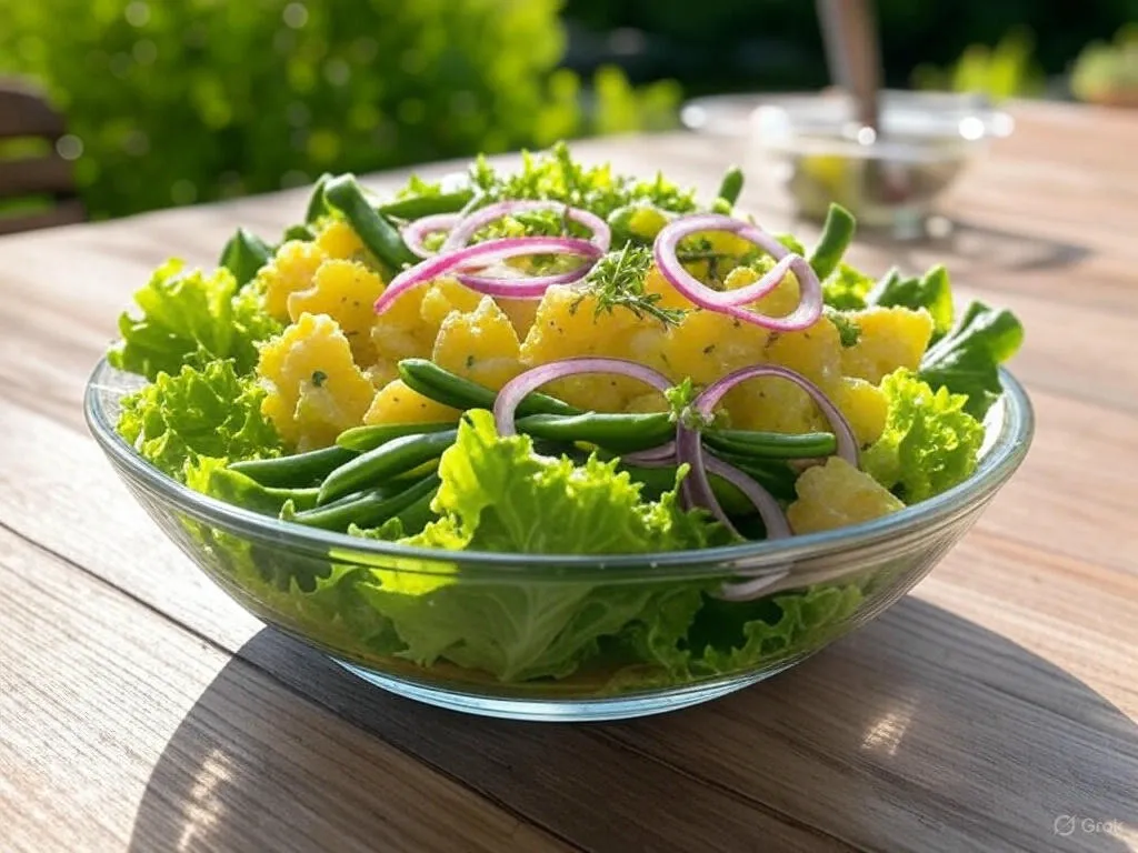 Vibrant String Bean and Potato Salad in a glass bowl, featuring fresh green beans, yellow potatoes, red onions, and lettuce on a wooden table.