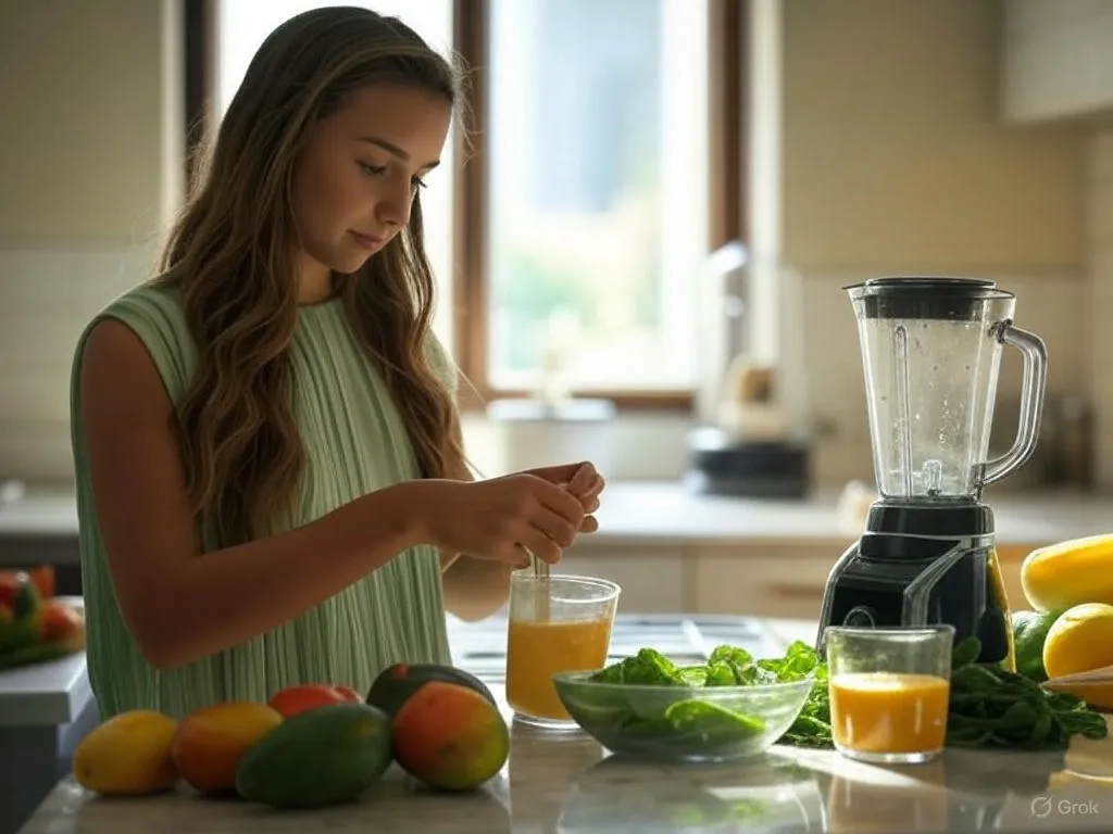 A girl in a green dress blends a Tropical Mango Iron Rich Smoothie in a kitchen, with mangoes, spinach, and a blender on the counter, preparing a vibrant orange drink.