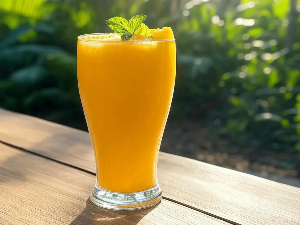 A glass of Tropical Mango Iron Rich Smoothie on a wooden table, garnished with mint and a mango slice, set against a lush green outdoor background.
