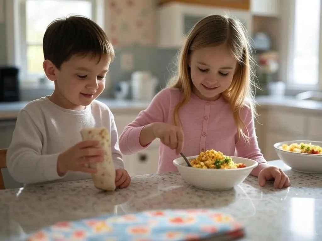 Two children enjoy Breakfast Burrito Bowls with scrambled eggs and salsa, one with a burrito, in a bright kitchen for Mother's Day.