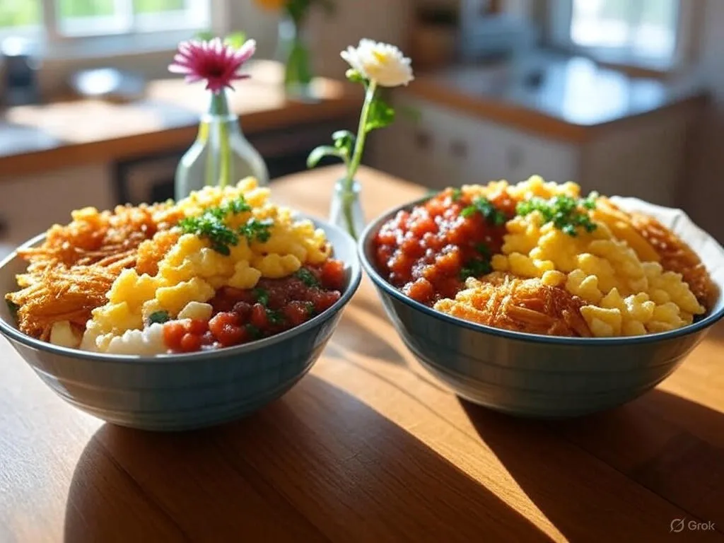 Two child-friendly Breakfast Burrito Bowls with scrambled eggs, salsa, and crispy hash browns, garnished with parsley, on a sunny table for Mother's Day.