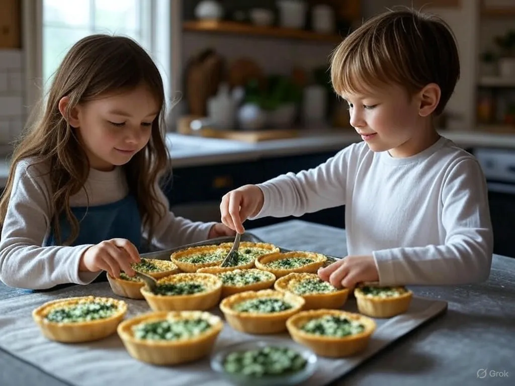 Two children in a cozy kitchen preparing Mini Spinach and Feta Quiche, filling pastry shells with a spinach-feta mixture, surrounded by baking trays and ingredients.