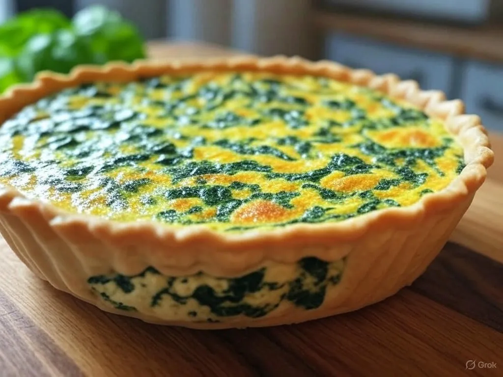 A freshly baked Mini Spinach and Feta Quiche in a golden crust, filled with vibrant spinach and creamy feta, set on a wooden board in a cozy kitchen.