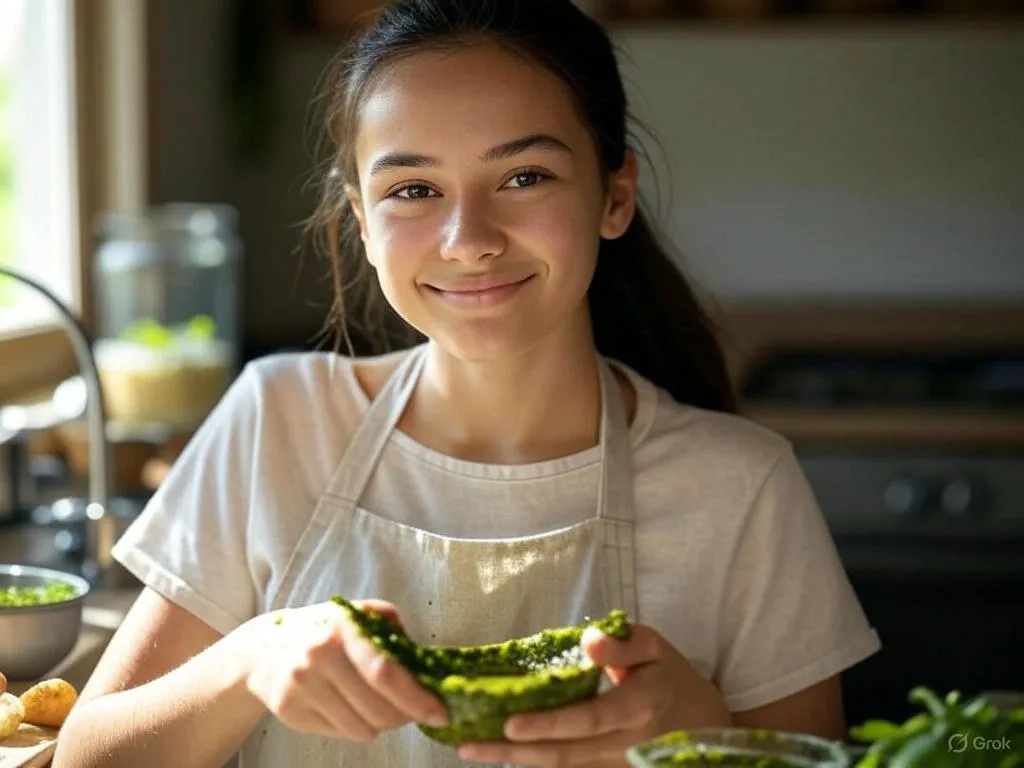 A cute female in a kitchen, wearing an apron, smiling while holding a bowl of vibrant Skinny Pesto Sauce. Fresh ingredients and a blender are in the background, creating a cozy cooking scene.