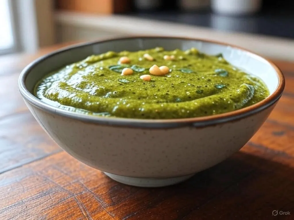 A close-up of a bowl filled with vibrant Skinny Pesto Sauce, garnished with pine nuts, on a wooden table. The green sauce looks fresh and appetizing, set against a softly blurred kitchen background.